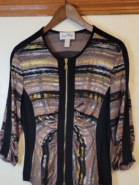 Joseph Ribkoff Black and Gold Metallic Stripe Zip-Front Top